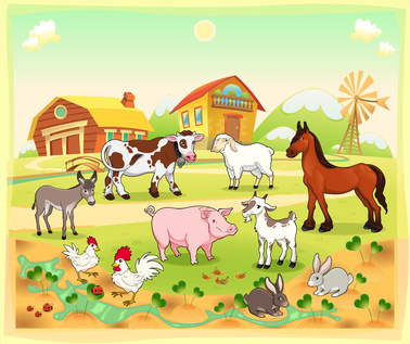 Farm animals with background. Vector illustration.
